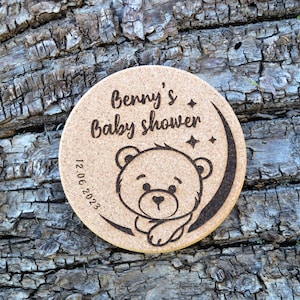 Personalized engraved cork coasters, used for baby shower and gender reveal. They are made of high quality natural cork. An excellent gift for guests and loved ones.
