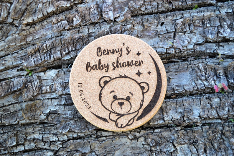 Personalized engraved cork coasters, used for baby shower and gender reveal. They are made of high quality natural cork. An excellent gift for guests and loved ones.