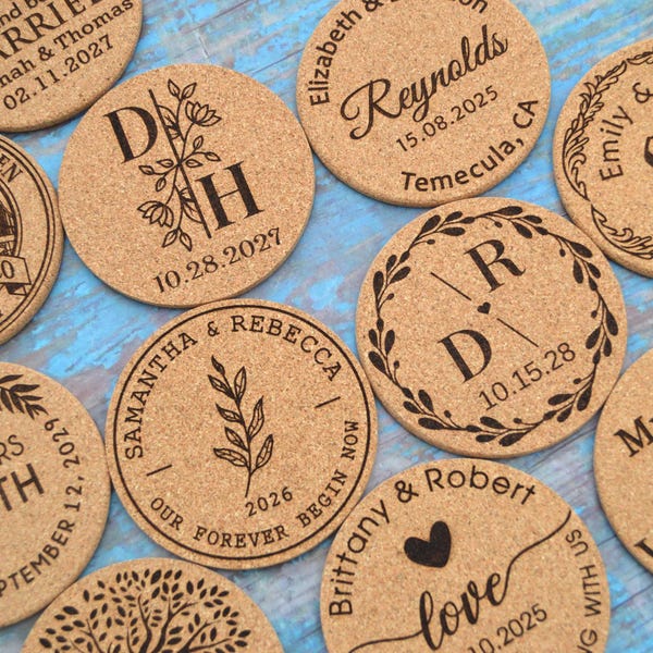 Set van 100 op maat gemaakte kurken onderzetters: gepersonaliseerde trouwbedankjes