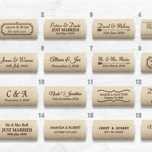 List of laser engraved cork card holder designs. Designs 1 to 16. Used for place cards at country style weddings, parties and anniversaries.