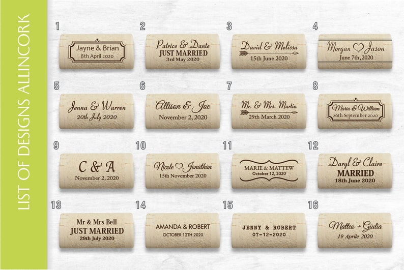 List of laser engraved cork card holder designs. Designs 1 to 16. Used for place cards at country style weddings, parties and anniversaries.