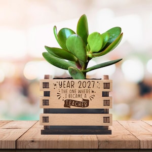 Puede incluir: Una maceta de madera con el texto "YEAR 2027: THE ONE WHERE I BECAME A TEACHER" grabado en ella. Una pequeña planta suculenta verde está creciendo en la maceta.