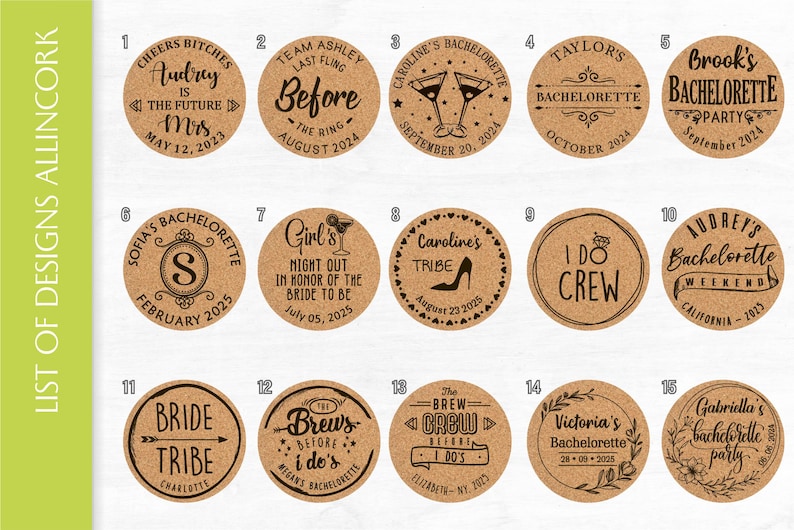 Allincork designs for cork coasters for bachelorette party and bridal shower. Designs from number 1 to number 15