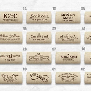 List of laser engraved cork card holder designs. Designs 17 to 32. Used for place cards at country style weddings, parties and anniversaries.