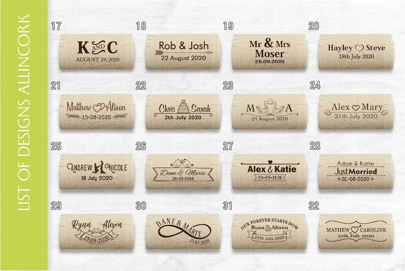 List of laser engraved cork card holder designs. Designs 17 to 32. Used for place cards at country style weddings, parties and anniversaries.