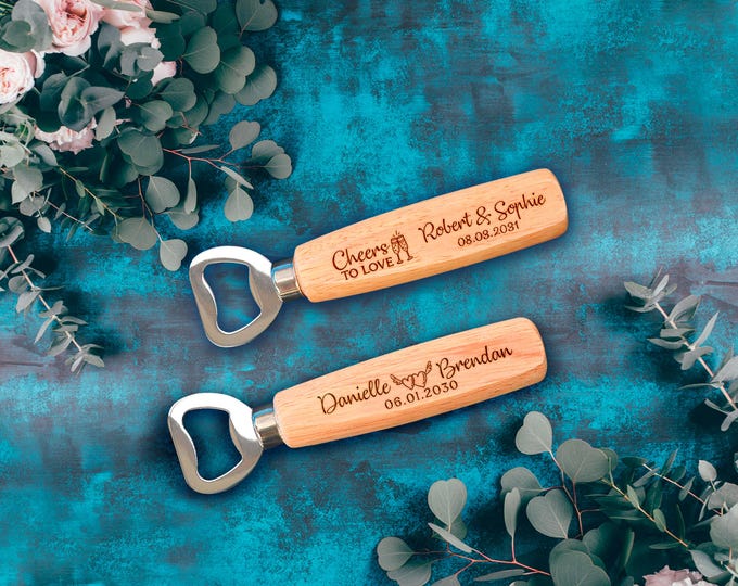 Featured listing image: Custom Wooden Bottle Opener, Bulk Wedding Favor for Guests, Personalized Groomsmen Gift, Party Favors, Business Promotional Items.