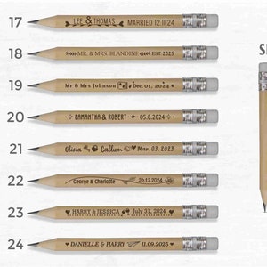 Designs and sizes of the mini golf pencils, design from 17 to 24. Used for rustic weddings, anniversaries and wedding favors