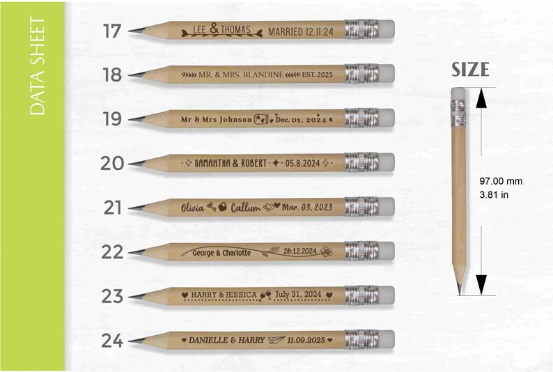 Designs and sizes of the mini golf pencils, design from 17 to 24. Used for rustic weddings, anniversaries and wedding favors