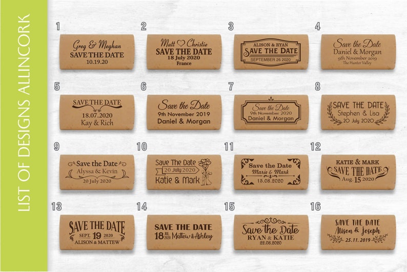 List of Custom Designs Save the Date Wine Corks with Wooden Box, Designs 1-16