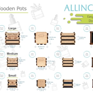 Technical sheet of the different sizes and dimensions of the mini wooden pots