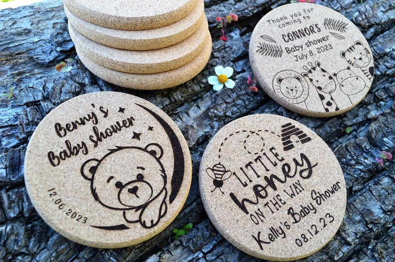 Personalized engraved cork coasters, used for baby shower and gender reveal. They are made of high quality natural cork. An excellent gift for guests and loved ones.