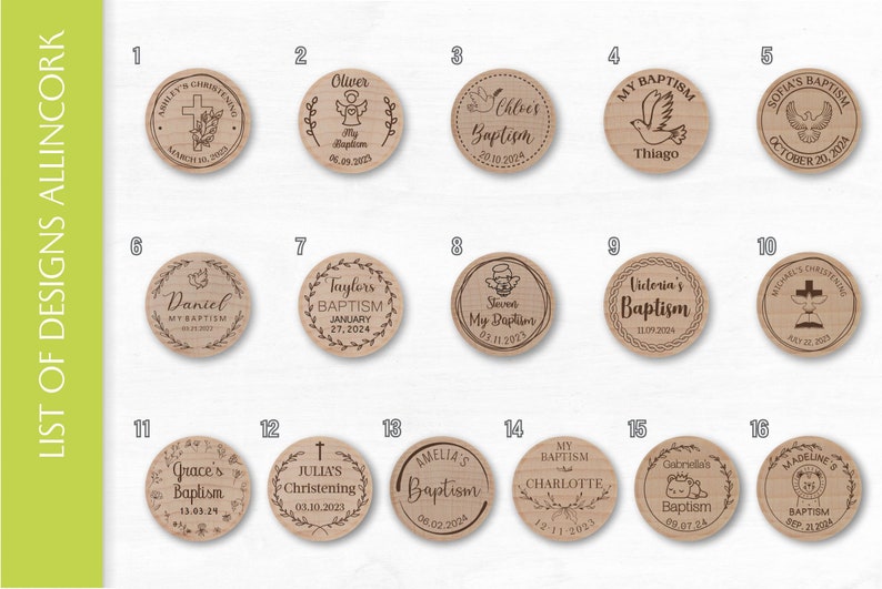 Allincork designs for wine stoppers, for Baptism, First Communion and Confirmation. Designs from number 1 to number 15