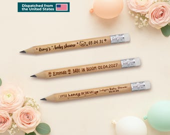 Baby Shower Favors in Bulk | Personalized Wooden Pencils | Custom Engraved Rustic Party Favor for Guests • AA006 USA