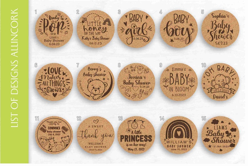 Allincork designs for cork coasters, baby shower and gender reveal. Designs from number 1 to number 15