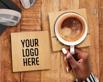 Set of 25 Corporate gifts for clients and employees, Personalized Bamboo coasters, Bulk employee appreciation Gifts, Custom Logo • AA193