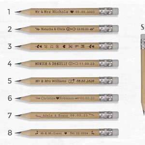 Designs and sizes of the mini golf pencils, design from 1 to 8. Used for rustic weddings, anniversaries and wedding favors