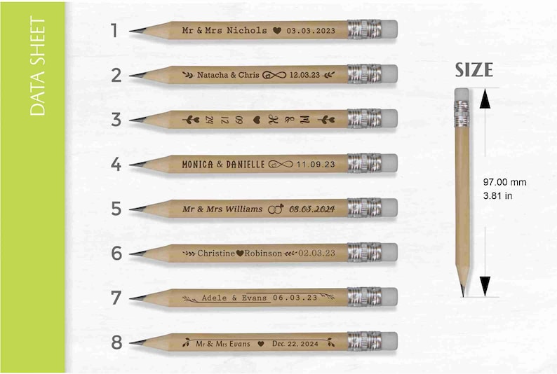 Designs and sizes of the mini golf pencils, design from 1 to 8. Used for rustic weddings, anniversaries and wedding favors