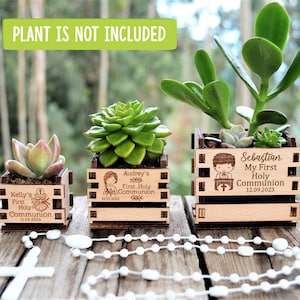 Engraved mini pots, personalized, used for first communion and parties. Made of wood. With a succulent plant, on a wooden table. Used for first communion party favors