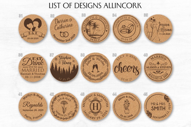 List of wedding designs for cork coasters, designs 31 to 45