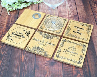 Personalized Bamboo Coaster Wedding Favors in Bulk - Rustic Guest Gifts for Weddings, Bridal Showers & Celebrations • Eco-Friendly • AA244