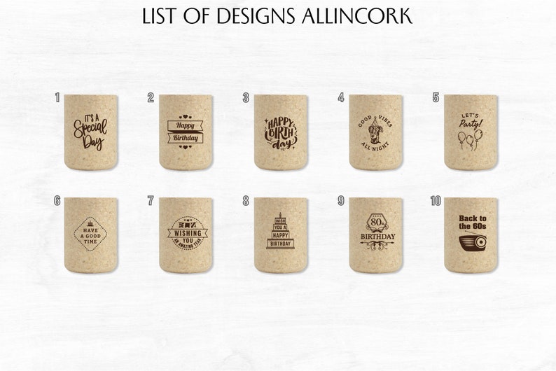 List of Allincork Laser Engraved Wine Stopper Case Designs, Designs 1 to 10. Used for birthday parties and anniversaries.