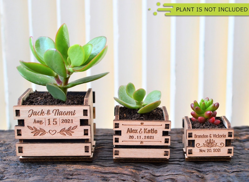 Engraved personalized mini pots, used for wedding favors, rustic style wedding decorations and your home. It is made of wood, with a succulent plant on a wooden table decorated with flowers. An excellent gift for guests and all your loved ones.