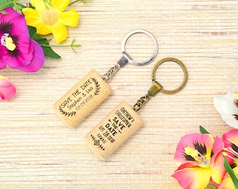 Personalized Wine Cork Keychains - Rustic Save the Date Favors for Weddings and Events, Personalized Eco-Friendly Guest Gifts • AA080