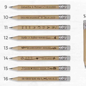 Designs and sizes of the mini golf pencils, design from 9 to 16. Used for rustic weddings, anniversaries and wedding favors