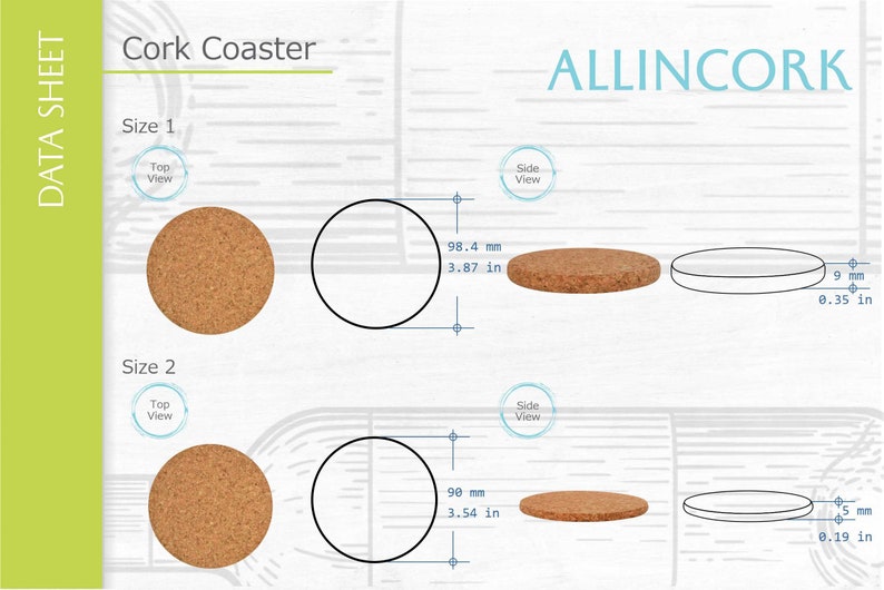 Technical sheet of the sizes of the cork coaster models