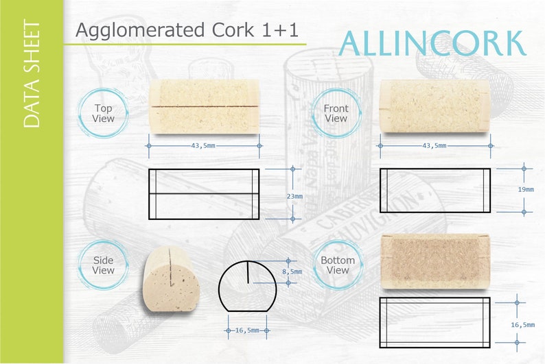 Technical sheet of the cork of the card holder with the type of cork, color and size