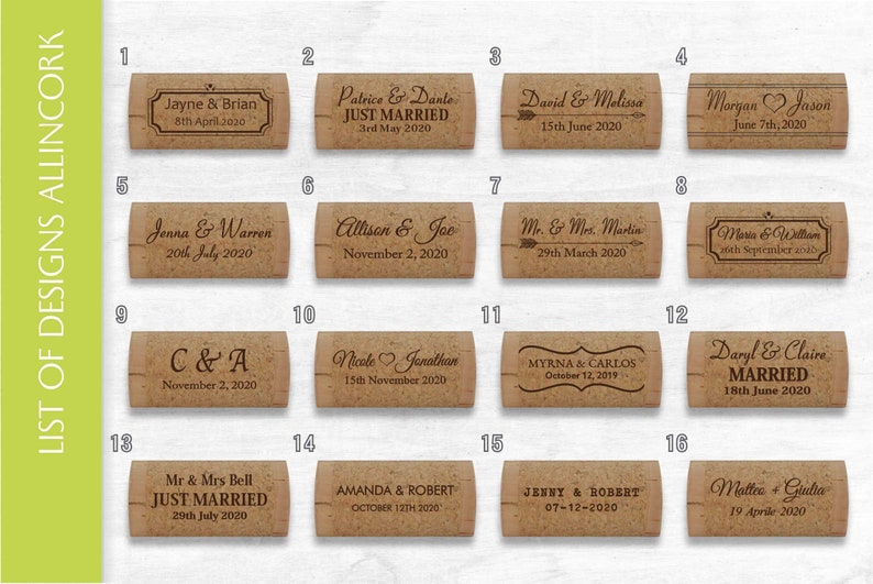 List of laser engraved cork card holder designs. Designs 1 to 16. Used for place cards at country style weddings, parties and anniversaries.