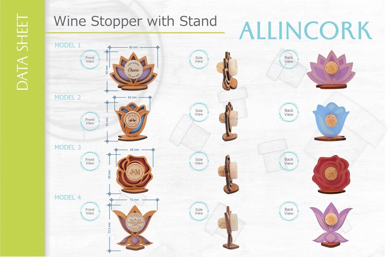 Technical sheet of the different models of the supports for the wine stopper