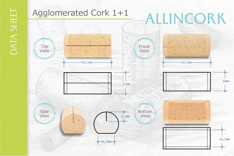 Technical sheet of the cork of the card holder with the type of cork, color and size