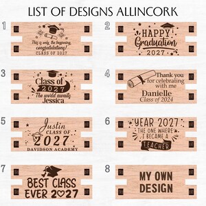 May include: A list of eight graduation designs for personalized wooden plaques. The designs feature graduation caps, diplomas, stars, and text such as "Happy Graduation 2027", "Class of 2027", and "Best Class Ever 2027".