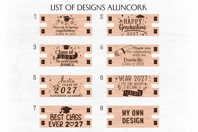 May include: A list of eight graduation designs for personalized wooden plaques. The designs feature graduation caps, diplomas, stars, and text such as "Happy Graduation 2027", "Class of 2027", and "Best Class Ever 2027".