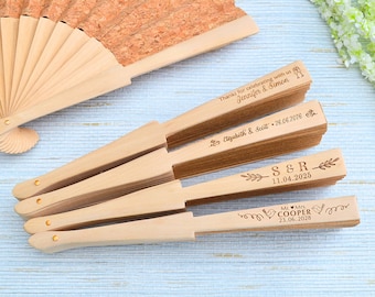 Cork Fan Favors, Personalized Wedding Favors for Guests in Bulk, Table Decor, Custom Hand Fan, Bridal Shower Favors, Rustic Fans • AA158