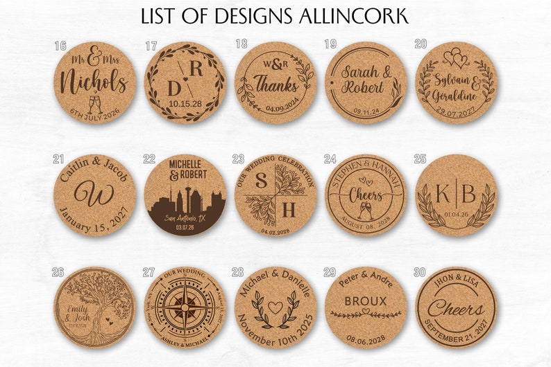 List of wedding designs for cork coasters, designs 16 to 30