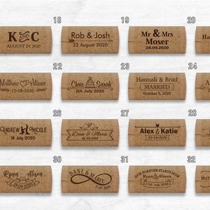 List of laser engraved cork card holder designs. Designs 17 to 32. Used for place cards at country style weddings, parties and anniversaries.