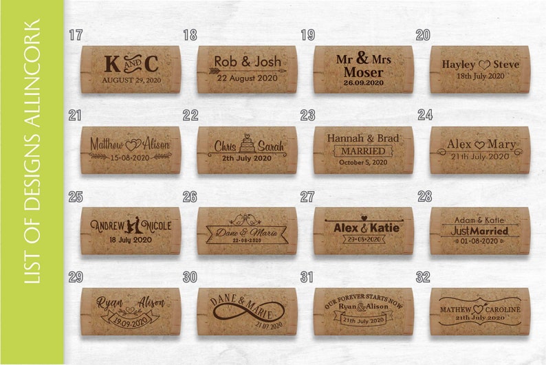 List of laser engraved cork card holder designs. Designs 17 to 32. Used for place cards at country style weddings, parties and anniversaries.