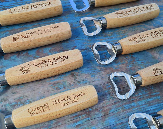 Featured listing image: Custom Wooden Bottle Opener, Bulk Wedding Favor for Guests, Personalized Groomsmen Gift, Party Favors, Business Promotional Items.