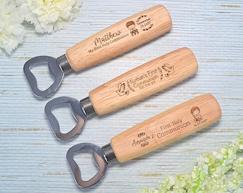 Rustic Wooden Bottle Opener Favors - First Communion Souvenirs, Custom Guest Gifts for Memorable Celebrations, Engraved Keepsakes AA171