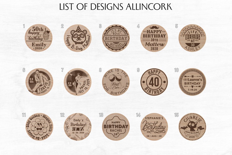 Allincork designs for wine stoppers with case, for birthday parties and anniversaries. Designs from number 1 to number 15
