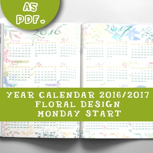 2016-2017 Planner, A5 Year Calendar, Printable PDF, Monday Start, 2016-2017, Half/Full Sheet, Vertical/Horizontal, Planner Refill, Floral