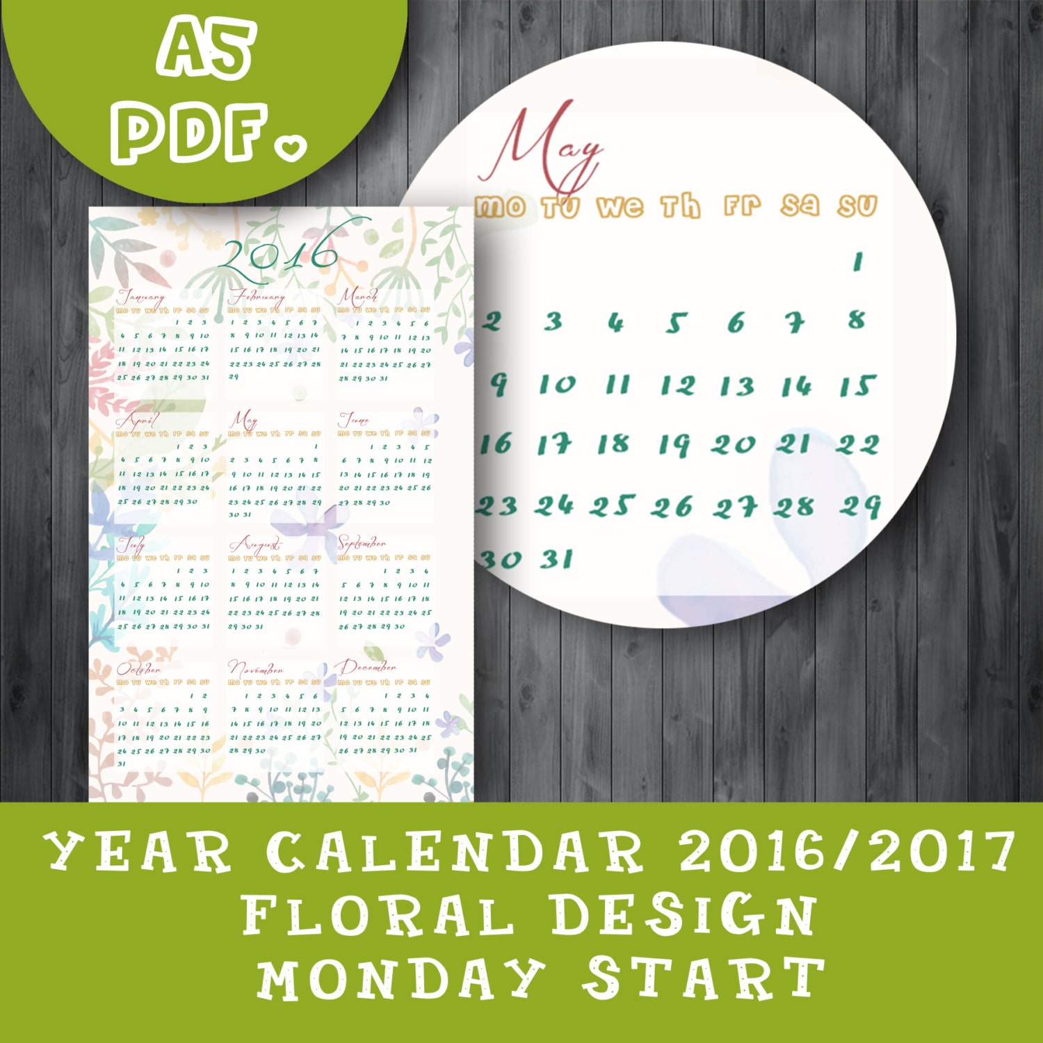 2016-2017 Planner, A5 Year Calendar, Printable PDF, Monday Start, 2016 ...