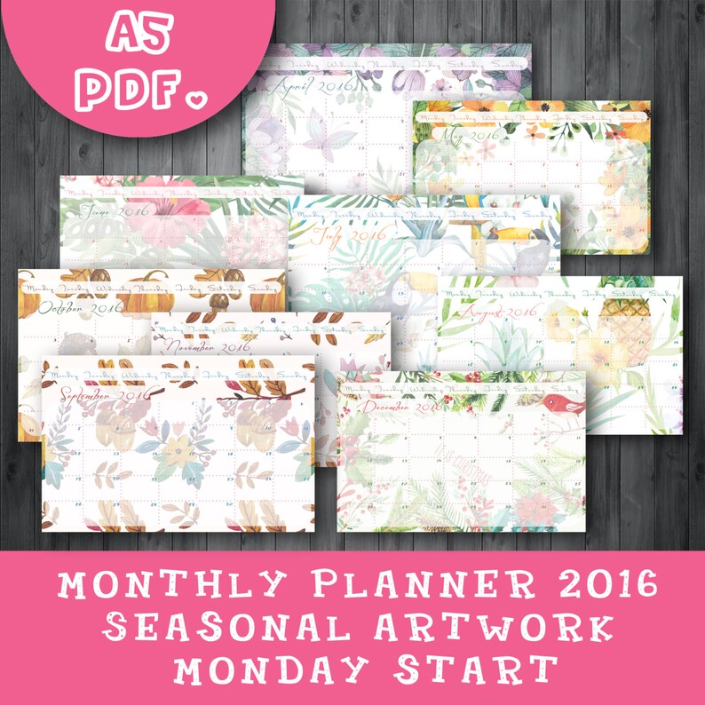 2016 Monthly Planner Printable, Monday Start, Half/full Sheet, 2/1 Page ...