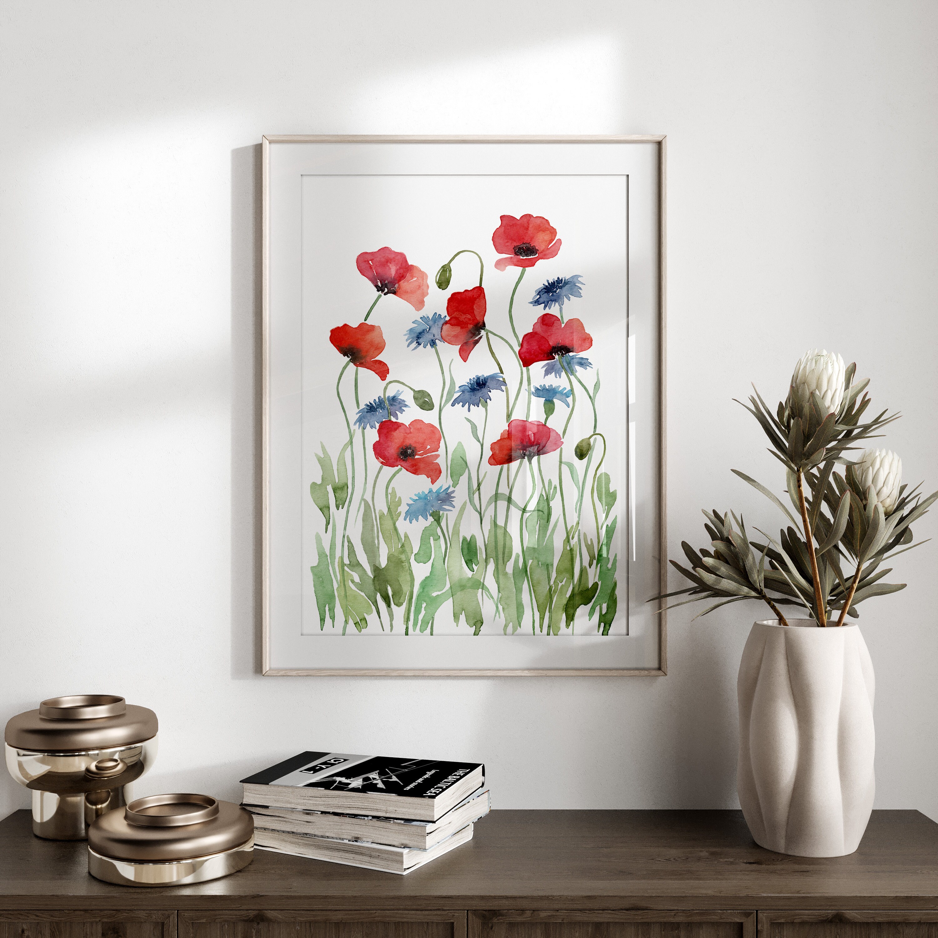 Watercolor Unframed Floral Print Cornflowers Poppies Wild Etsy