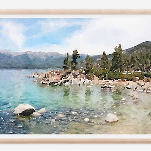 Lake Tahoe Watercolor Landscape, Sand Harbor Beach Printable Art Decor, California National Park, DIGITAL DOWNLOAD Printable Wall Art
