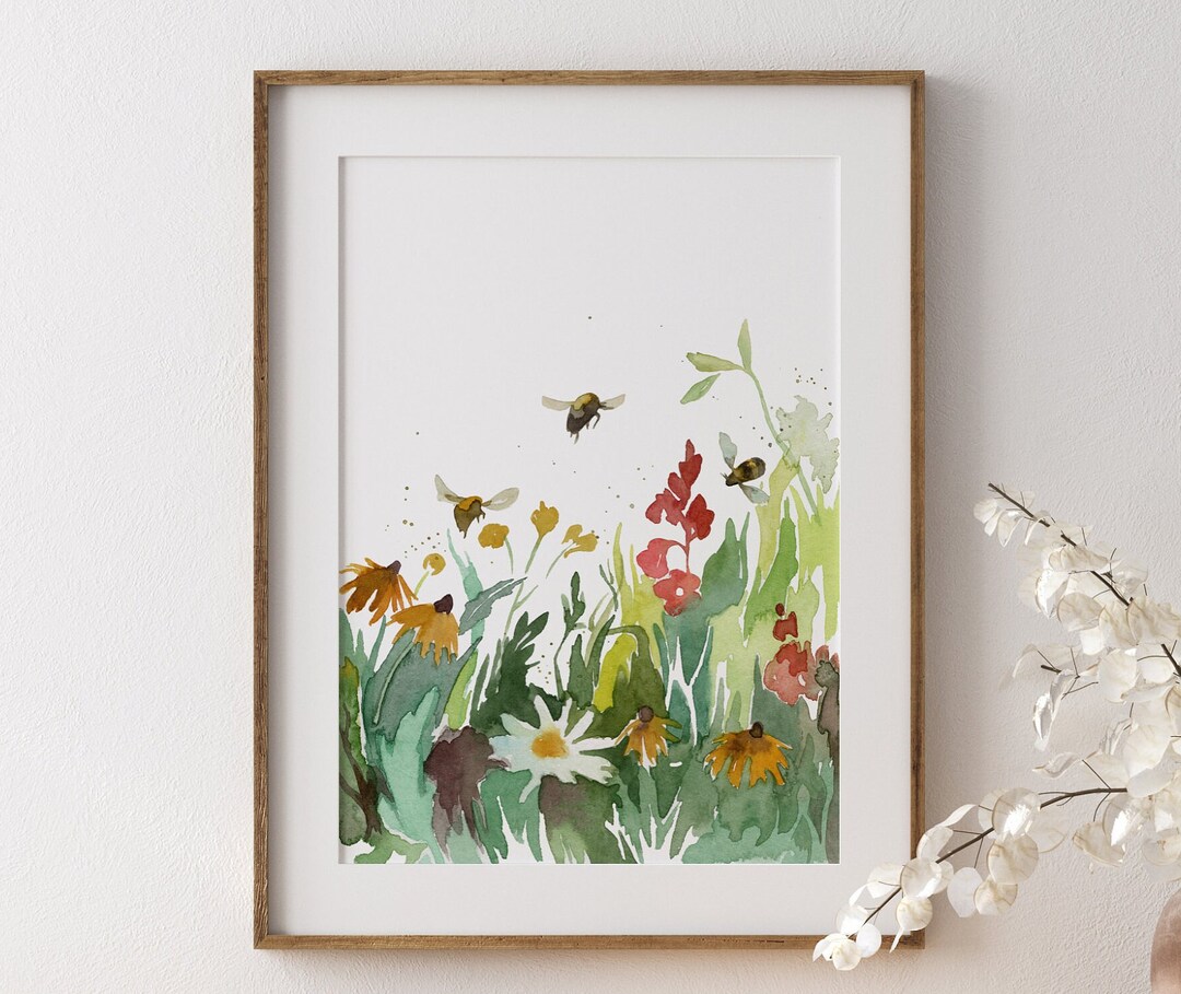 Meadow Unframed Watercolor Art Print bees Art Decor summer Vibes Wild Flower watercolor Painting