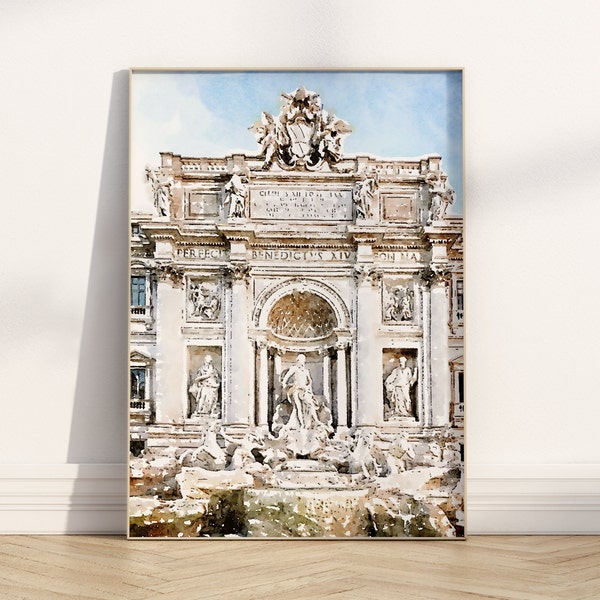 Trevi Fountain Rome Italy Art, DIGITAL DOWNLOAD, Watercolor Painting, Italian Wall Art, Italy Travel Poster, Authentic Italian Architecture