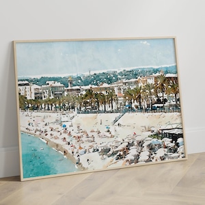 Bonita playa de Francia DESCARGA DIGITAL, Arte de la pared de la acuarela, Ilustración de la acuarela imprimible, Cartel de arte de viaje, Decoración de la casa del lago náutico
